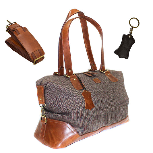 Travel Holdall Bag Weekender Overnighter Leather Tweed