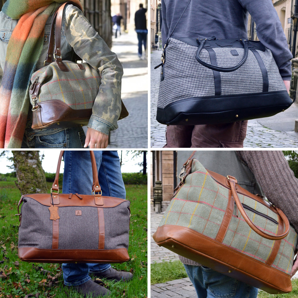 Travel Holdall Bag Weekender Overnighter Leather Tweed