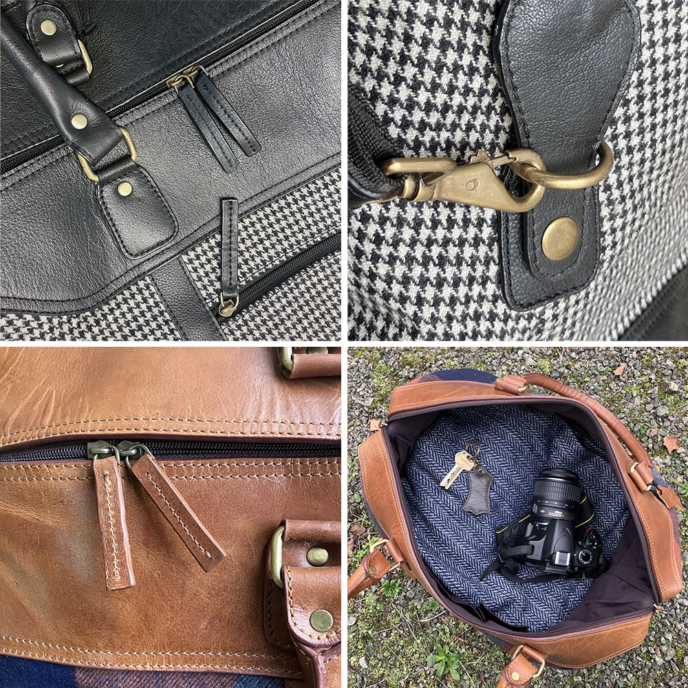 Travel Holdall Bag Weekender Overnighter Leather Tweed