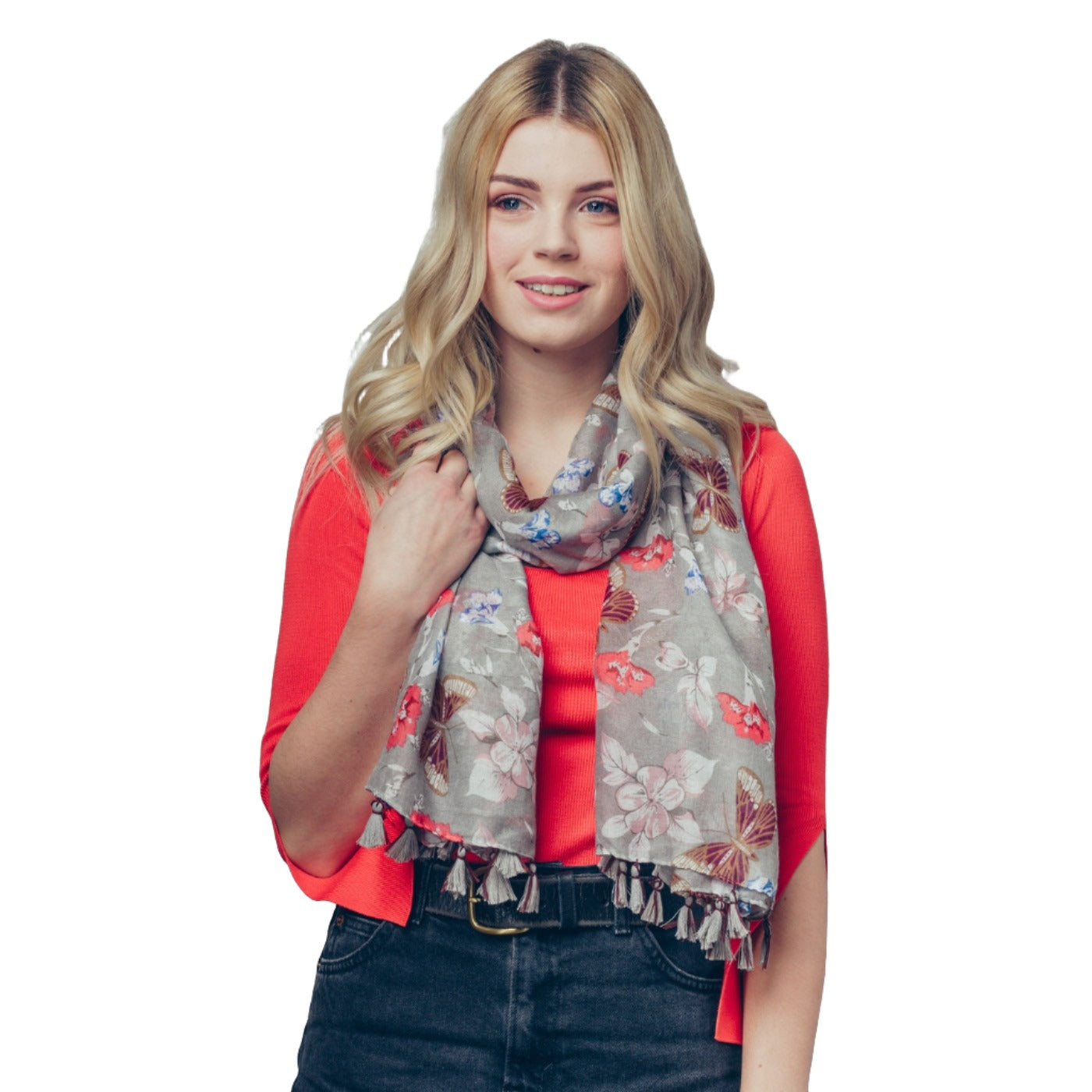 Sonia Grey Butterfly Floral Scarf