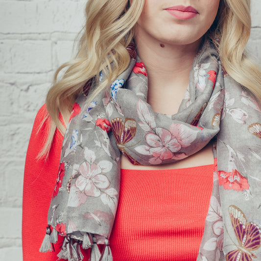 Sonia Grey Butterfly Floral Scarf