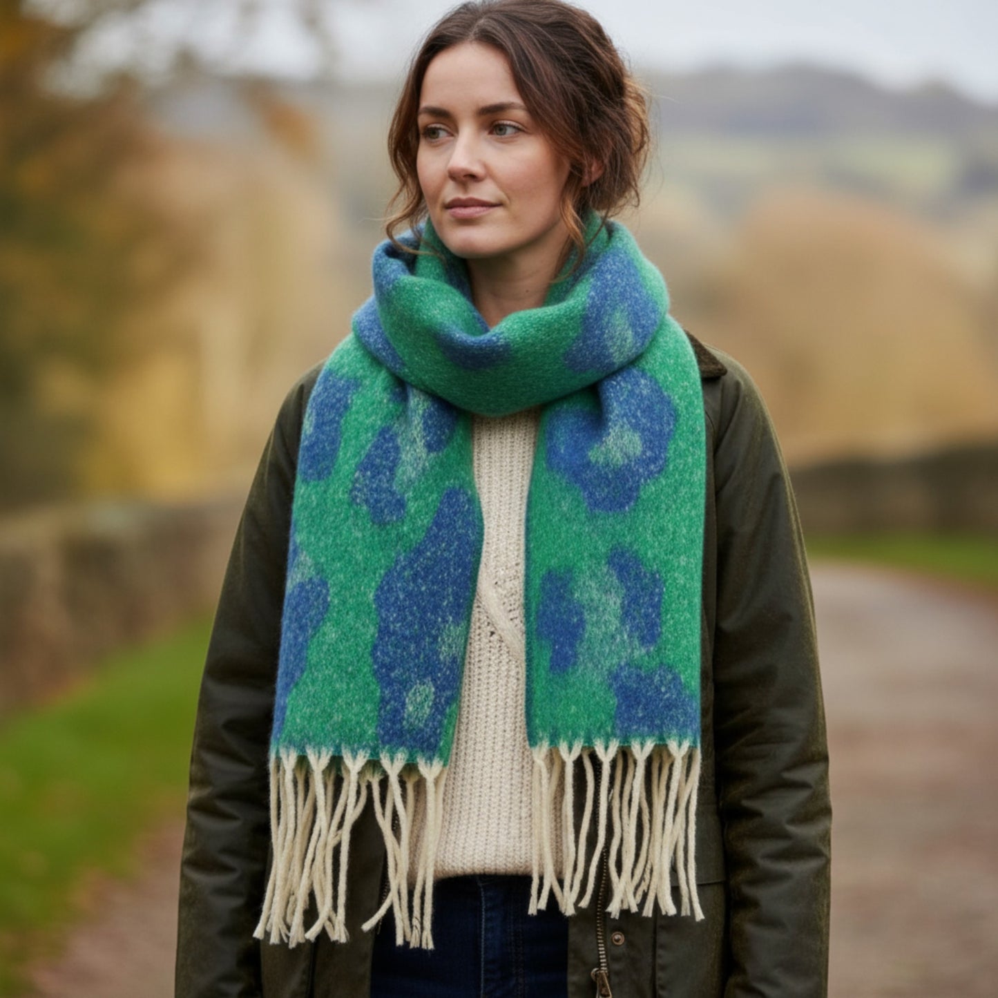 Women’s Winter Scarf – Soft Green Leopard Print – Hazel & Pip