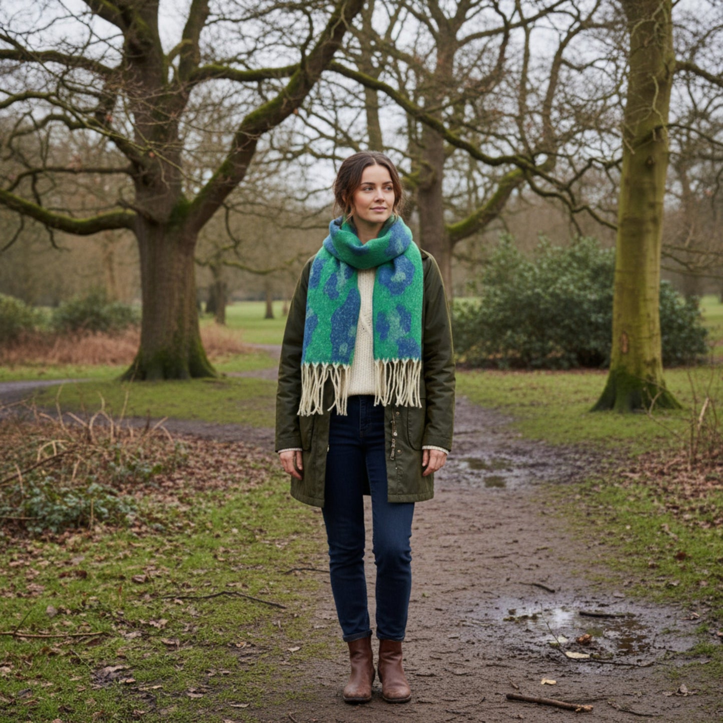 Women’s Winter Scarf – Soft Green Leopard Print – Hazel & Pip