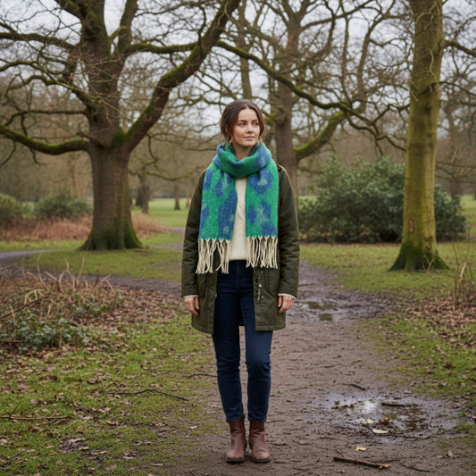 Women’s Winter Scarf – Soft Green Leopard Print – Hazel & Pip