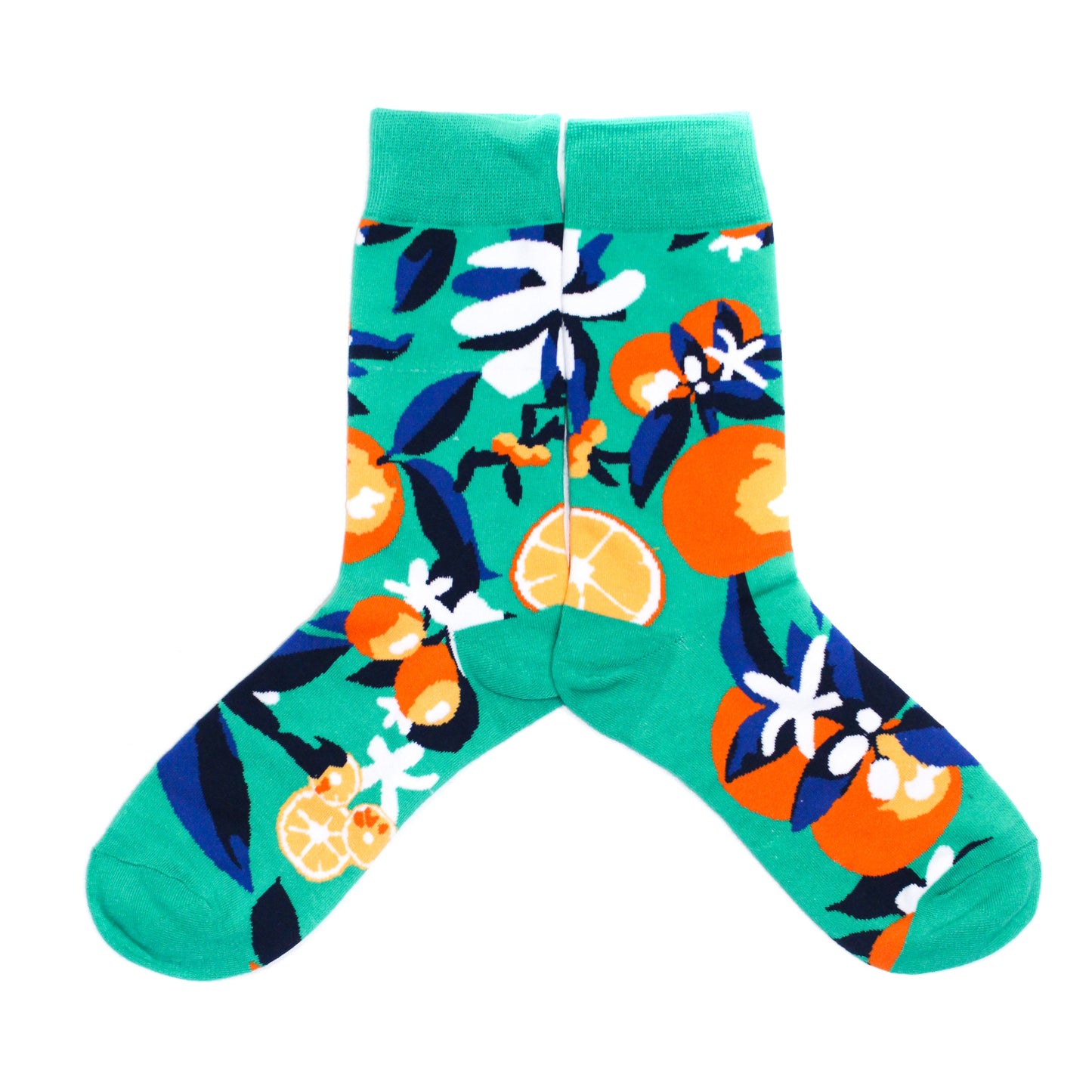 Oranges on a green pair of fun crew socks by Lucky Pair