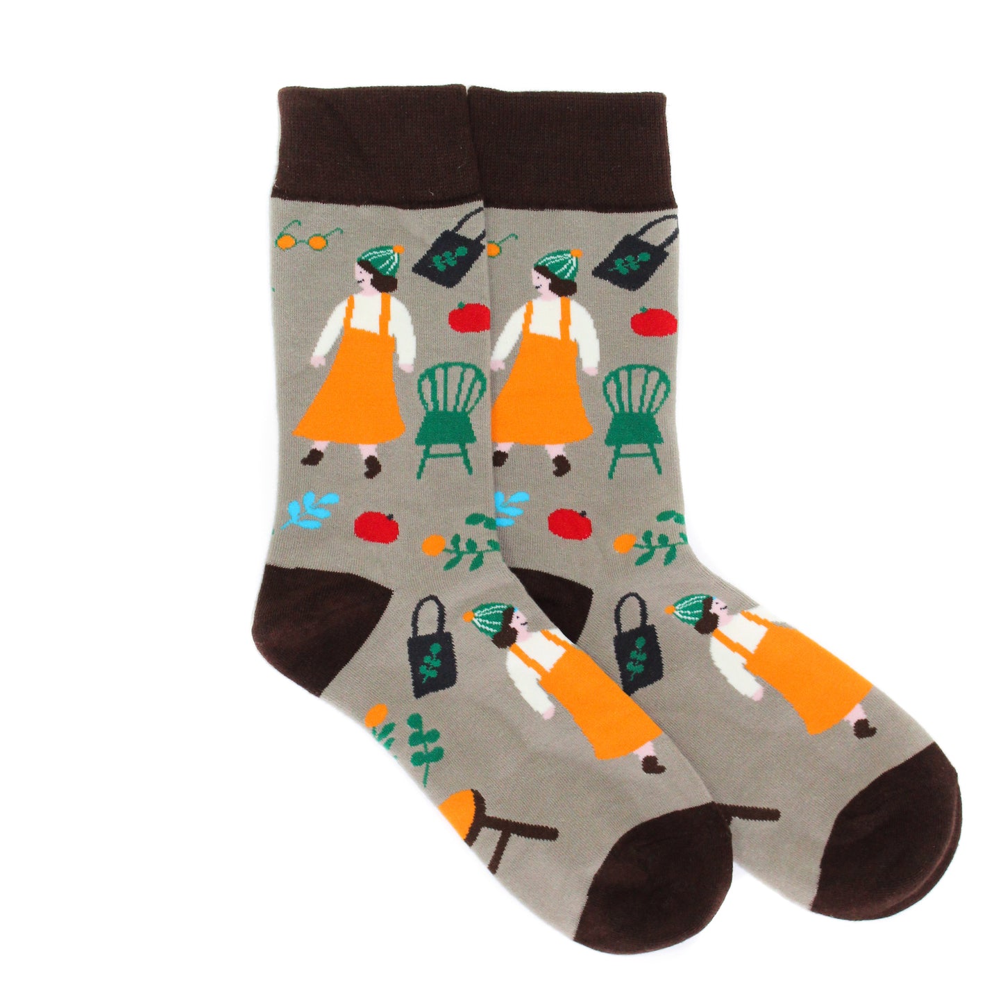 Folk art grey fun crew socks by Lucky Pair