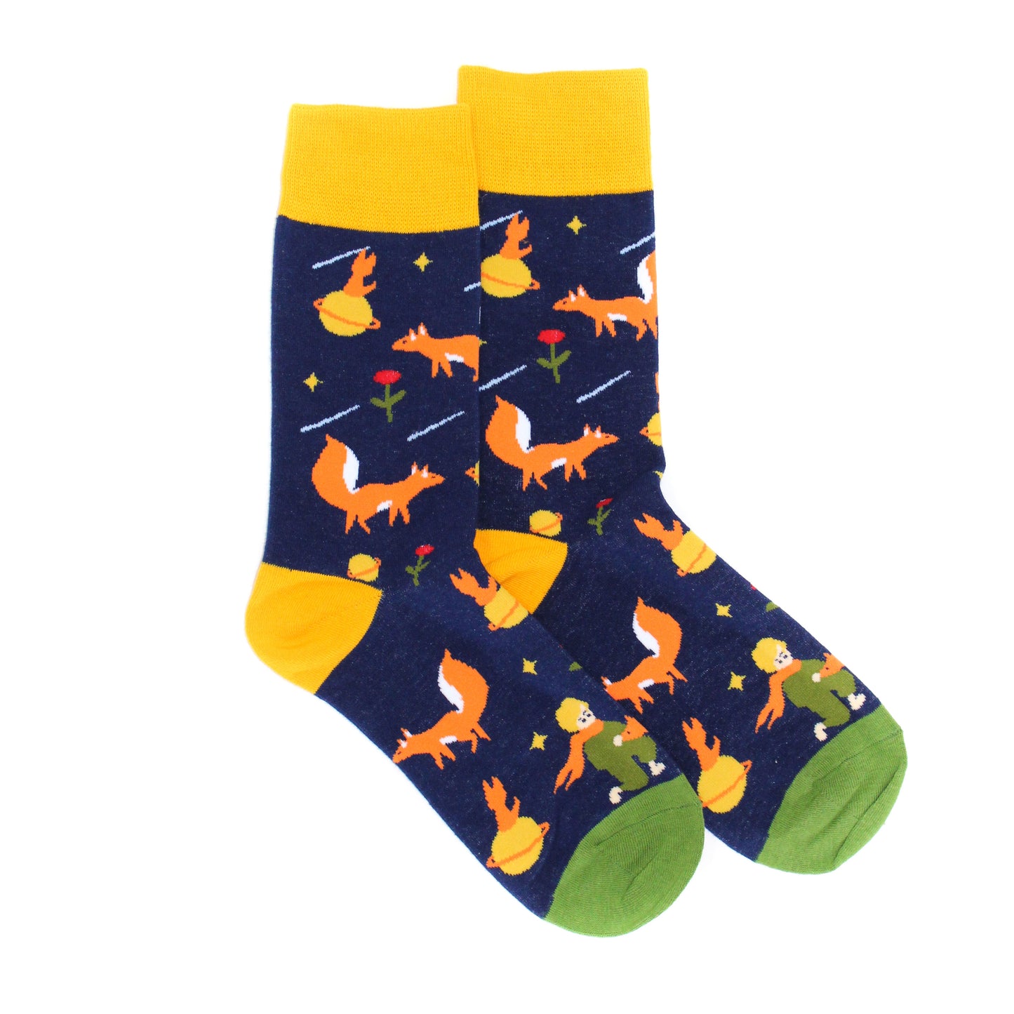 Foxes and flowers blue fun crew socks by Lucky Pair