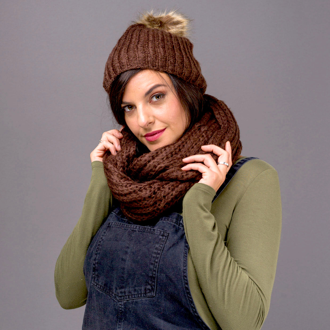 Inetta Hat and Snood Brown